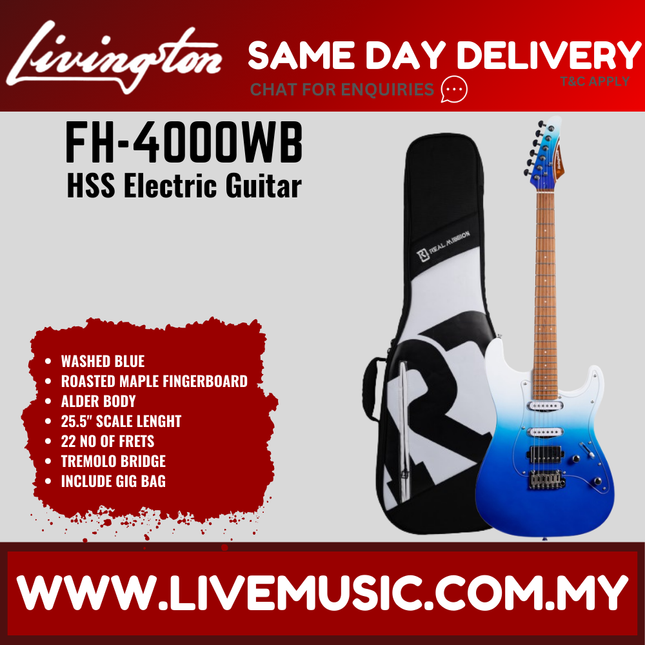 Livingston FH-4000 Stratocaster HSS Electric Guitar w/GA15II Amplifier, Roasted Maple Fretboard / Rosewood Fretboard  -Washed Blue ( FH4000 FH 4000 )