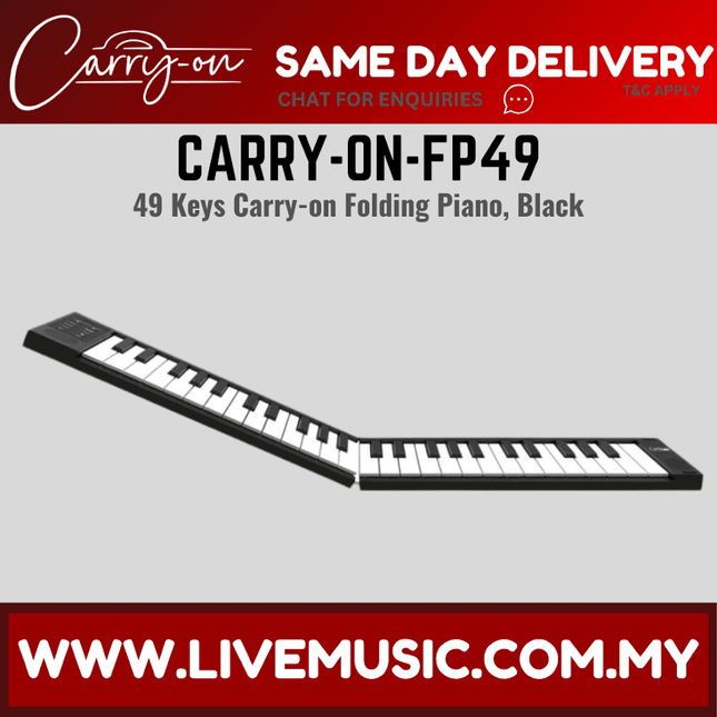 Black 49-key portable folding piano, angled view with white keys.