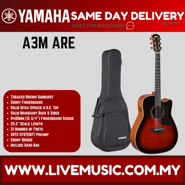 Yamaha A3M ARE Dreadnought Cutaway Acoustic-Electric - Tobacco Brown Sunburst ( A3M-ARE A3MARE )