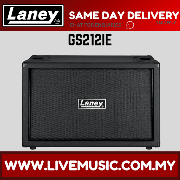 Laney 2x12 guitar cabinet with dark textured grille and corner protectors