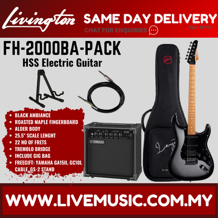 Livingston FH-2000-Pack Stratocaster HSS Electric Guitar w/GA15II Amplifier, Roasted Maple Fretboard - Black Ambiance  (FH2000 FH 2000 )