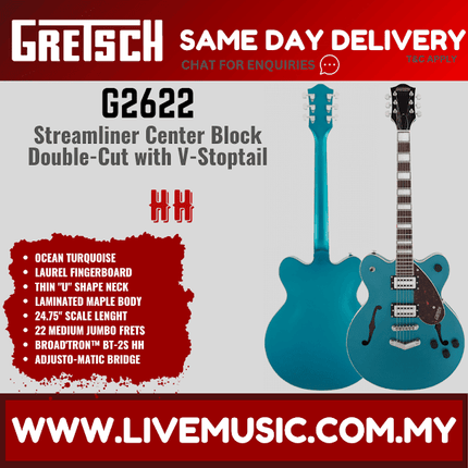 Gretsch G2622 Streamliner Centre Block Double Cut Guitar w/V-Stoptail - Ocean Turquoise ( G-2622 G 2622 )