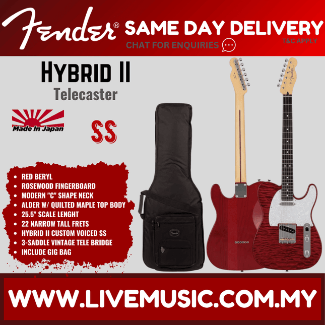 Fender Japan Hybrid II Telecaster Electric Guitar w/Quilt Maple Top, RW FB, Red Beryl