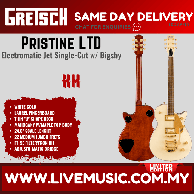 Gretsch Electromatic Pristine LTD Jet Electric Guitar w/Bigsby, Laurel FB, White Gold