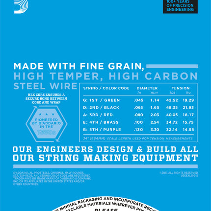 D'Addario EXL170-5 - Nickel Wound 5-String Bass Strings, Light, Long Scale (45-130)(DAddario/EXL170)