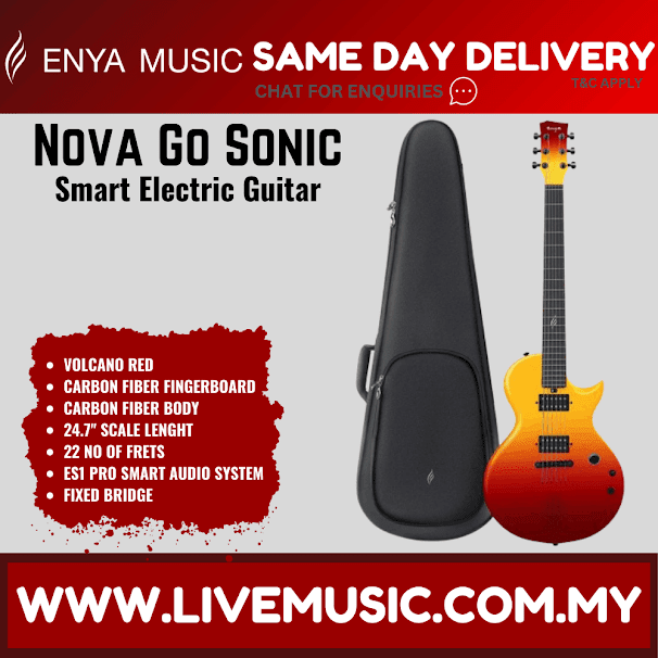 Volcano red electric guitar with black padded gig bag, fixed bridge