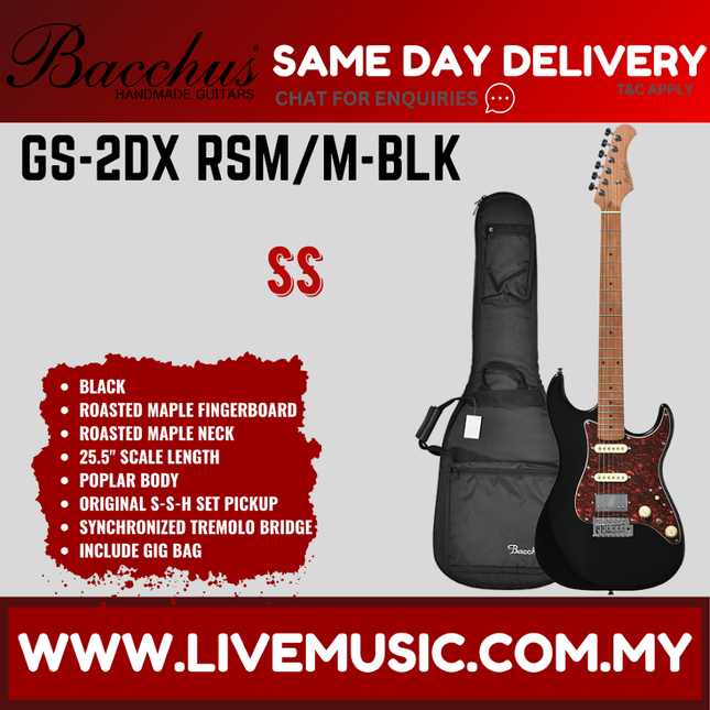 Black electric guitar with roasted maple fingerboard and included padded gig bag