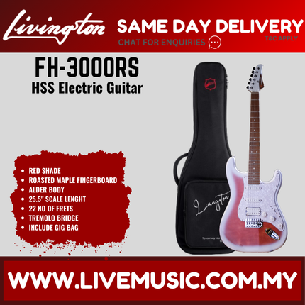 Livingston FH-3000-PACK Stratocaster HSS Electric Guitar w/GA15II Amplifier, Roasted Maple Fretboard -Red Shade ( FH3000 FH 3000 )