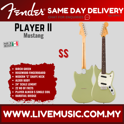 Fender Player II Mustang Electric Guitar, RW FB - Birch Green