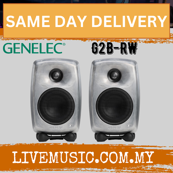 Pair of Genelec powered bookshelf speakers, raw gray with black front grilles