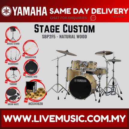 Yamaha Stage Custom SBP2F5 5-piece Acoustic Drum Set with Meinl Hcs141620 Cymbal Set, Hardware, Drum Throne ( StageCustomSBP2F5 Stage-Custom-SBP2F5)