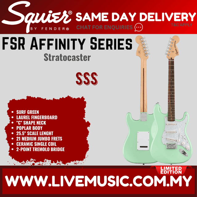 Squier FSR Affinity Series Stratocaster Guitar w/White Pearloid Pickguard, Laurel FB, Surf Green
