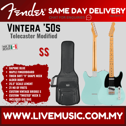 Fender Vintera 50s Telecaster Modified Electric Guitar, Maple Fretboard with Gig Bag - Daphne Blue