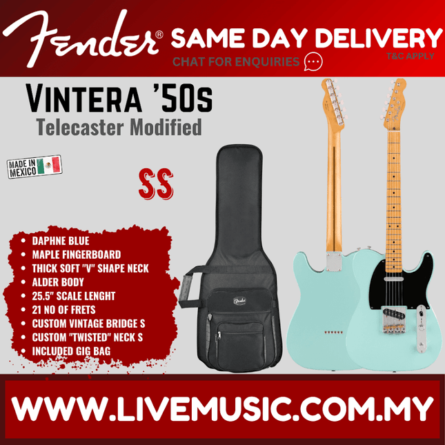 Fender Vintera 50s Telecaster Modified Electric Guitar, Maple Fretboard with Gig Bag - Daphne Blue