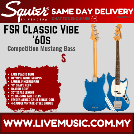 Squier FSR Classic Vibe 60s Competition Mustang Bass w/ Olympic White Stripes, Lake Placid Blue