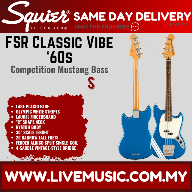 Squier FSR Classic Vibe 60s Competition Mustang Bass w/ Olympic White Stripes, Lake Placid Blue