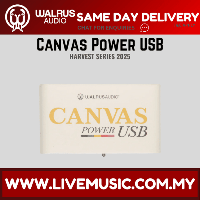 Walrus Audio Canvas Power USB power supply box, cream with gold and black text
