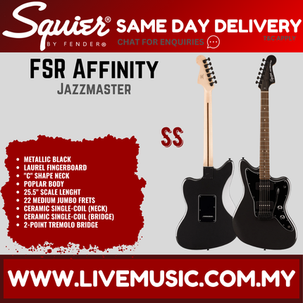Squier FSR Affinity Series Jazzmaster Electric Guitar, Laurel FB, Metallic Black