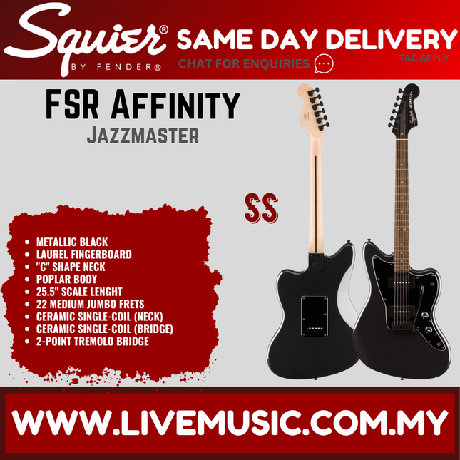 Squier FSR Affinity Series Jazzmaster Electric Guitar, Laurel FB, Metallic Black