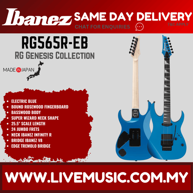 Ibanez RG565R-EB RG Genesis Collection Series Reverse Headstock Electric Guitar, Electric Blue (RG565REB/RG565R EB)