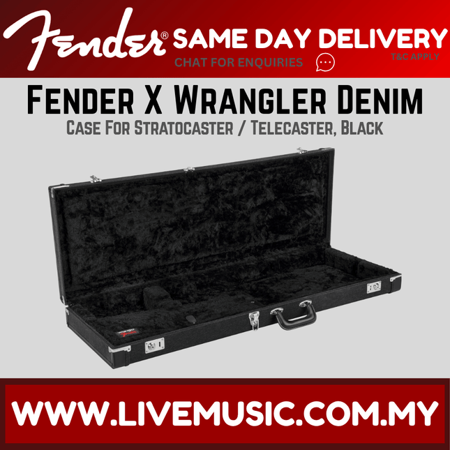 Black denim electric guitar case for Stratocaster/Telecaster, open with handle and clasps