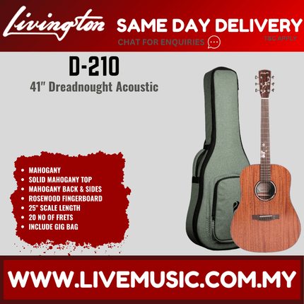 Livingston D-210 EQ 41" Mahogany Solid Top Dreadnought Acoustic-Electric Guitar, Rosewood FB - Natural ( D210 D 210 )