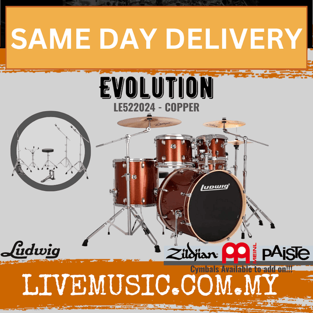 5-piece Ludwig Evolution drum kit with hardware, copper shells and black bass drum head