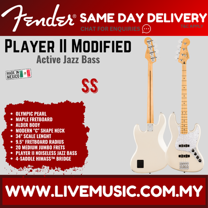 Fender Player II Modified Active Jazz Bass Guitar, Maple FB, Olympic Pearl