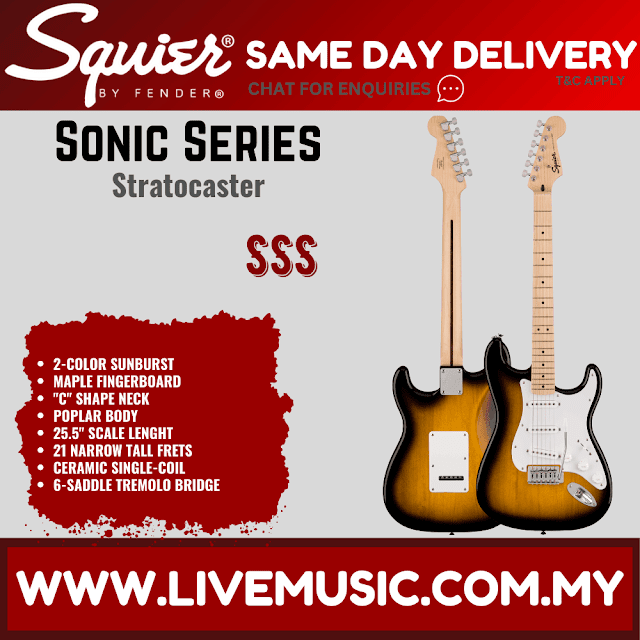 Squier Sonic Stratocaster Electric Guitar w/White Pickguard, Maple FB, 2-Color Sunburst