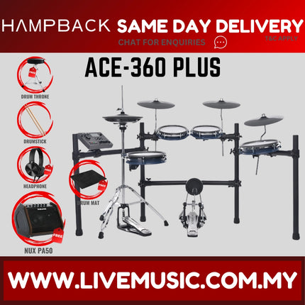Hampback ACE-360 PLUS Full Mesh Digital Drum Set w/Headphone, Drumstick And Drum Throne - ( ACE360 ACE 360 ACE360PLUS )