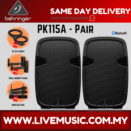 Behringer PK115A Active 800W 15" PA Speaker w/Bluetooth w/Wireless Mic, Speaker Stand & Cable ( PK-115A / PK 115A )