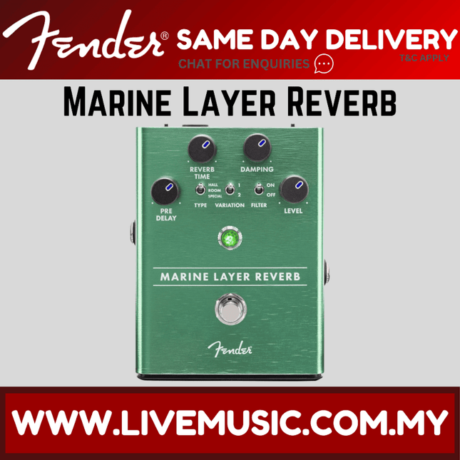 Marine Layer Reverb guitar effects pedal, green front with knobs and footswitch