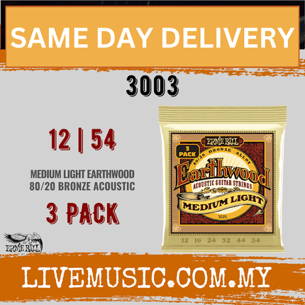 Ernie Ball 3003 Earthwood 80/20 Bronze Acoustic Guitar Strings, Medium Light, 12-54 Gauge, 3-pack