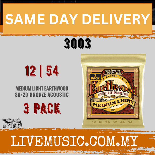 Ernie Ball 3003 Earthwood 80/20 Bronze Acoustic Guitar Strings, Medium Light, 12-54 Gauge, 3-pack