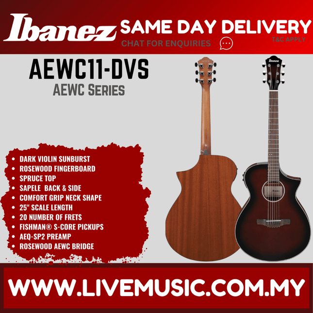 Ibanez AEWC11 Acoustic-Electric Guitar - Dark Violin Sunburst / Transparent Charcoal Burst ( AEWC 11 / AEWC-11 )