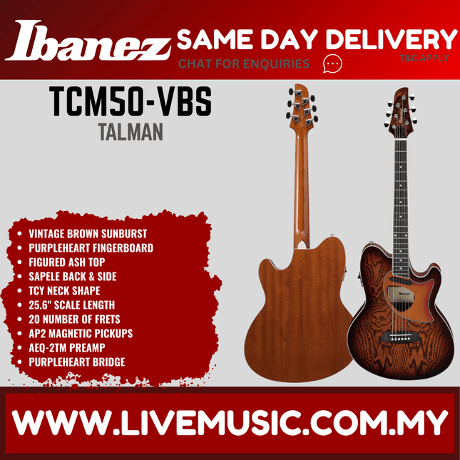 Ibanez TCM50 Talman Acoustic-Electric Guitar - Galaxy Black Open Pore / Vintage Brown Sunburst ( TCM-50 / TCM 50 )