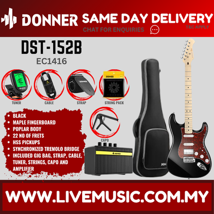 Donner DST-152 Stratocaster HSS Electric Guitar w/Accessories, Maple Fretboard - Black ( DST 152 DST152 )