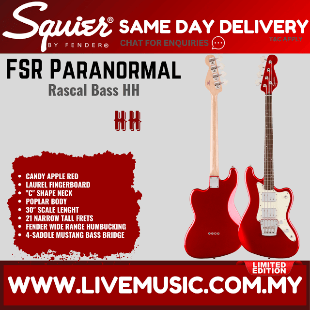 Squier Limited Edition Paranormal Rascal Bass HH Guitar, Laurel FB, Candy Apple Red