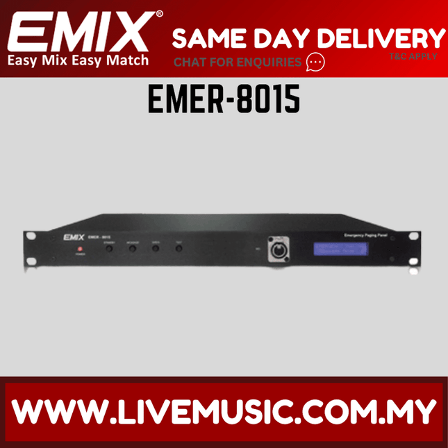 EMIX emergency paging panel with EMER-8015 label, front ports and blue LCD screen