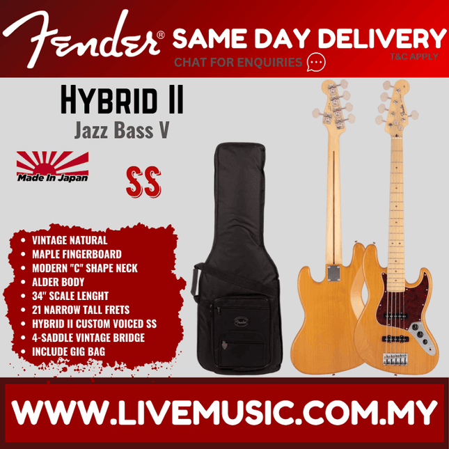 Fender Japan Hybrid II Jazz Bass V Guitar, Maple Fretboard with FREE Gig Bag - Vintage Natural