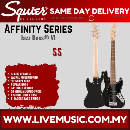 Squier Affinity Series Jazz Bass VI Guitar, Indian Laurel FB, Black Metallic