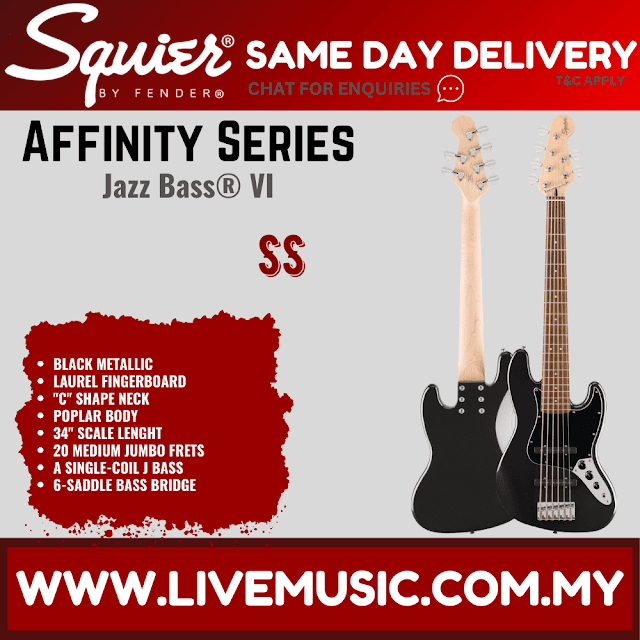 Squier Affinity Series Jazz Bass VI Guitar, Indian Laurel FB, Black Metallic