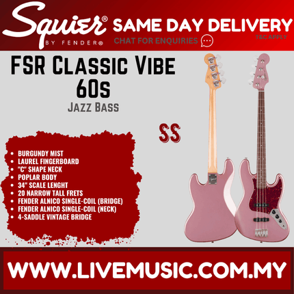 Squier FSR Classic Vibe 60s Jazz Bass Guitar, Laurel FB, Burgundy Mist