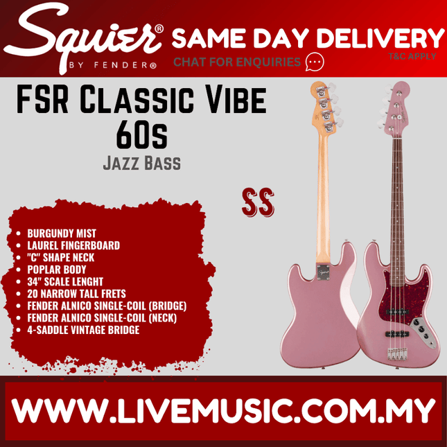 Squier FSR Classic Vibe 60s Jazz Bass Guitar, Laurel FB, Burgundy Mist