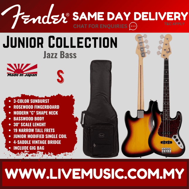 Fender Japan Junior Collection Jazz Bass Guitar, RW FB, 3-Color Sunburst