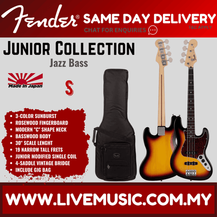 Fender Japan Junior Collection Jazz Bass Guitar, RW FB, 3-Color Sunburst