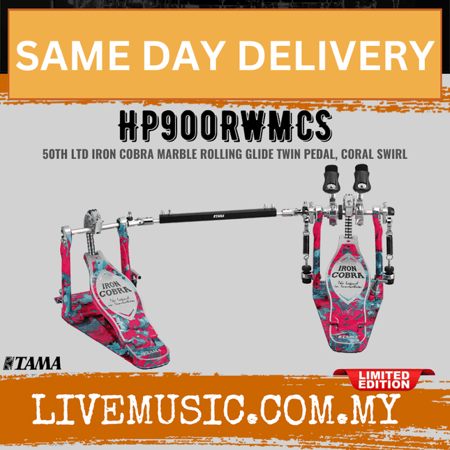 Iron Cobra twin drum pedal with coral swirl marble design and two footboards