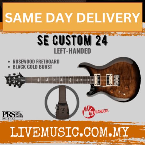 Left-handed electric guitar with black-to-gold sunburst finish and rosewood fretboard
