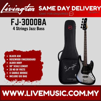 Livingston JB-3000 4-String Jazz Bass Guitar, Rosewood Fretboard, w/Gig Bag ( JB 3000 )- Black Ash