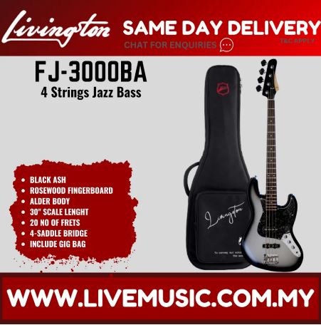 Black 4-string jazz bass guitar with rosewood fretboard, includes padded gig bag